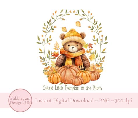 Autumn Bear, Wooly Hats, Bear Clipart, Illustration Art Girl, Pumpkin Wreath, Christmas Design, Pumpkin Patch, Fall Pumpkins, Digital Download Etsy