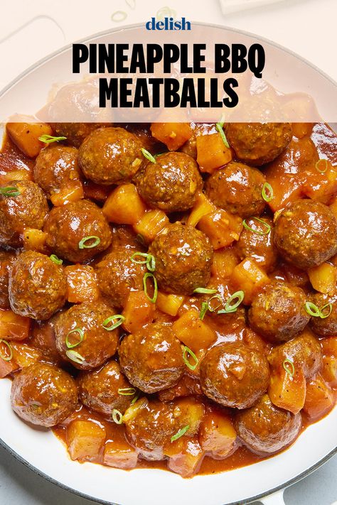 Party & weeknight-dinner approved. Pineapple Bbq Meatballs, Meatballs With Pineapple, Pineapple Meatballs, Bbq Meatball Recipe, Winter Appetizers, Bbq Meatballs, Pineapple Chunks, Fridge Door, Beef Recipes Easy