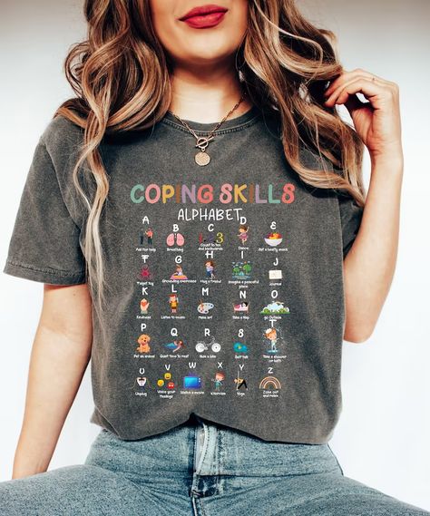 Comfort Colors® Coping Skills Alphabet Shirtschool Counselor - Etsy Canada Social Worker Clothes Work Outfits, Behavioral Therapist Outfit, Medical Social Worker Outfit, Social Worker Gifts Ideas, Social Work Shirts, School Social Worker Outfits, Gifts For Counselors, Social Worker Shirts, Counselor Shirts