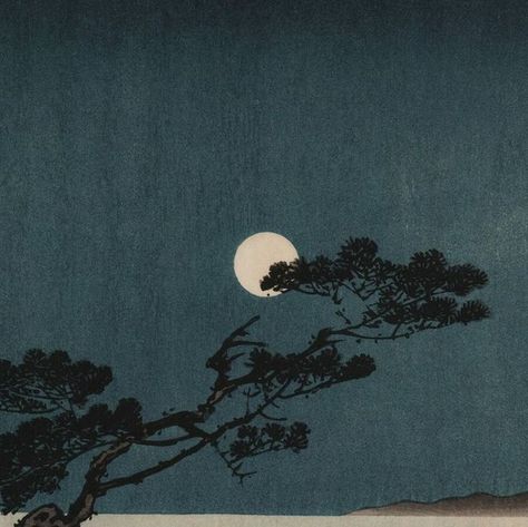 Nihonga Japanese Art, Moon Japanese Art, Japanese Art Wallpaper, Japanese Trees, Sea Prints, Shin Hanga, Night Scenes, Moon Drawings, Moon Time