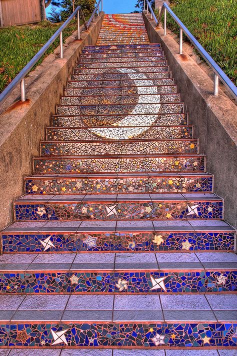 Tiled Steps, Mosaic Stairs, Tiled Staircase, Boho Lifestyle, Stairway To Heaven, Mosaic Art, My Dream Home, Mosaic Glass, Stars And Moon