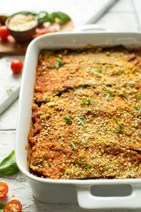 Satisfying, healthy eggplant lasagna with lentil marinara. Made with just 10 ingredients, this is the perfect plant-based, gluten free entrée! Healthy Eggplant Lasagna, Red Lentil Recipes, Gluten Free Entrees, Healthy Eggplant, Eggplant Lasagna, Vegan Parmesan, Lentil Recipes, Red Lentil, Casserole Dish