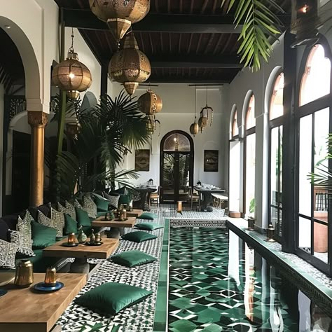 Who’s green with envy over this stunning Marrakech oasis?? 🙋🏻‍♀️ This estate exudes traditional Moroccan design with vibrant colors, intricate patterns, and rich textures. I especially love the use of arabesque motifs and arches in the doorways and openings. There’s just something about this style that invites you to come in and stay awhile….do you agree? Let me know your thoughts below!!👇 Conceptualized by @homescapedofficial ai . . . #marrakech #morocco🇲🇦 #moroccotravel #zelligetile #gr... Traditional Hotel Design, Morroco Pattern, Modern Moroccan Interior Design, Marocco Interior, Morocco Interior Design, Modern Moroccan Decor, Moroccan Style Home, Moroccan Colors, Modern Classic Home