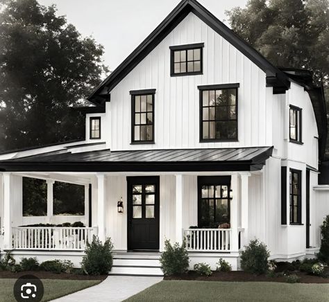 Black And White House Exterior With Pop Of Color, White Board And Batten Exterior Black Trim, Black And White Morton Building, Light House Exterior With Dark Trim, Black And White Houses Exterior Modern, White House Black Window Trim, Vertical White Siding Exterior, White Home Exterior With Black Trim, Black And White Cottage Exterior