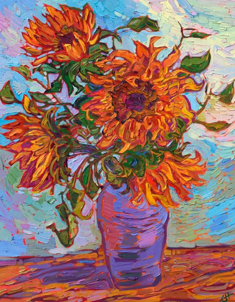 Vase Of Sunflowers, Multi Panel Paintings, Erin Hanson, Contemporary Impressionism, Sunflower Art, Sunflower Painting, Flower Art Painting, Contemporary Artist, Vincent Van Gogh