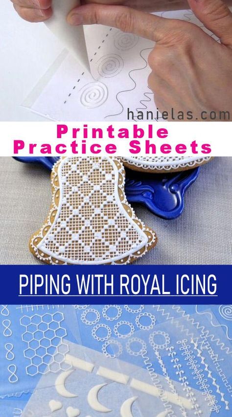 Practicing piping with royal icing using Printable Practice Sheets. Video and Free Templates. Cake Decorating Practice Sheets Printable, Royal Icing Piping Practice Sheets, Icing Practice Sheets Templates, Wilton Practice Sheets Printable, Practice Piping Frosting, Royal Icing Decorating Techniques, Cookie Decorating Practice Sheets, Royal Icing Stencils Piping Templates, Royal Icing Practice Sheets Templates