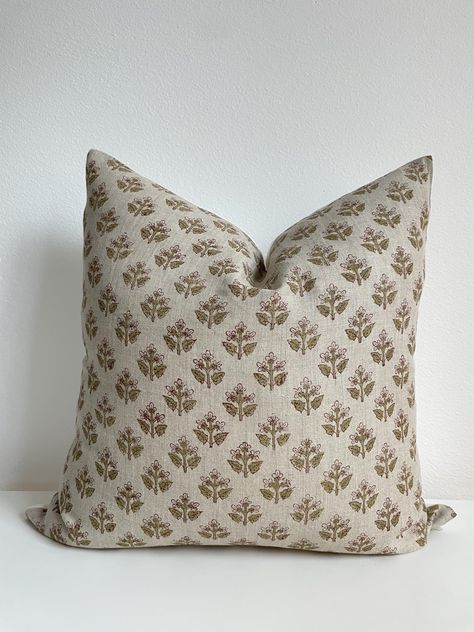 PRICES MAY VARY. Linen 100% Organic Linen Cora pillow cover features a brown, green and subtle pink floral pattern hand block printed on a sand colored natural linen fabric. Handmade pillow covers with intricate hand block printing on 100% organic linen front and 100% organic cotton duck-canvas reverse. Inserts not included; recommend going up 2" for a full look (eg, 20x20 cover fits a 22x22 insert perfectly). DRY CLEAN only; iron at medium setting if necessary. Slight variations and small imper Block Printed Pillows, Neutral Pillows, Vintage Cushions, Natural Linen Fabric, Pink Floral Pattern, Living Room Pillows, Handmade Pillow Covers, Bedroom Pillows, Green Pillows