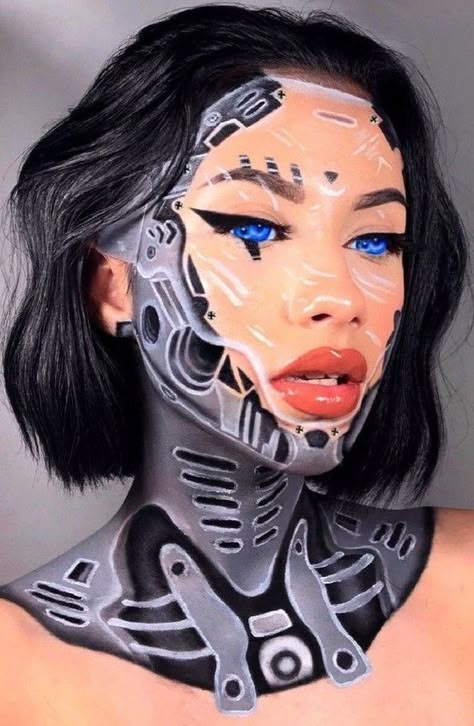 3d Makeup Looks, Scifi Makeup, Robot Makeup, 3d Makeup, Creepy Makeup, Pop Art Makeup, Creepy Halloween Makeup, Face Paint Makeup, Face Art Makeup