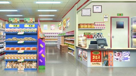 Cartoon Store Background, Anime Store Background, Anime Grocery Store, Anime Stores, Small Grocery Store, Background Anime, Episode Interactive Backgrounds, Anime Places, Episode Backgrounds