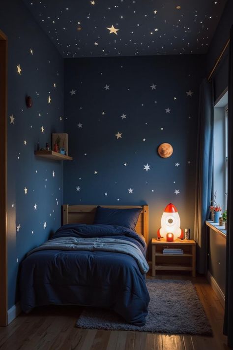 Toddler Boy Room Space, Little Boy Bedroom Ideas Small Rooms, Kids Room Colorful, Toddler Space Bedroom, Boys Room Color Ideas, Space Room For Boys, Accent Wall Boys Bedroom, Toddler Space Room, Boy Room Ideas Toddler