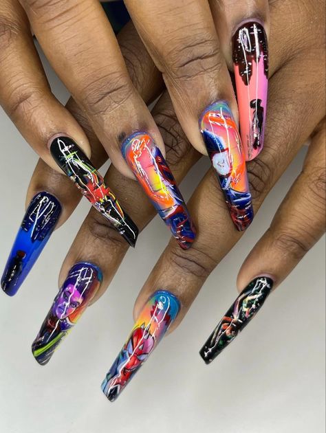 Across the spiderverse nail set on black girls with lipstick shaped nails. Long gel x nails set. Fan art on nails. Into The Spiderverse Nails, Spider Man Into The Spiderverse, Into The Spiderverse, Nail Inspo, Spiderman, Nails, Quick Saves