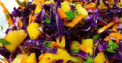 Red Cabbage and Mango Slaw - Plant-Based Recipes Mango Slaw Recipes, Mcdougall Recipes, Mango Slaw, Vegan Coleslaw, Wfpb Recipes, Plant Based Diet Recipes, Cole Slaw, Vegetarian Cabbage, Slaw Recipes