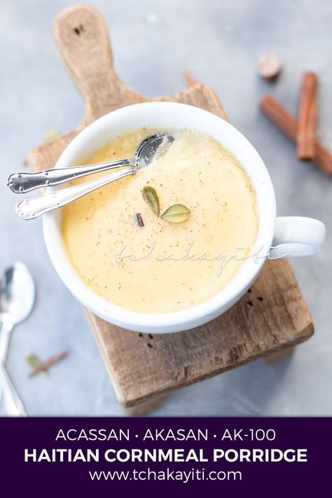 Acassan or akasan or AK100 is a Haitian breakfast staple loved by many. I am not one of those. Read about my misadventures with this cornmeal porridge on the blog. | tchakayiti.com  #Tchakayiti #FoodBlog #Haiti #HaitianFood #Caribbean #CaribbeanFoos #Cornmeal #Porridge #Breakfast Haitian Porridge, Jamaican Oatmeal Porridge, Jamaican Plantain Porridge, Plantain Porridge Nigerian, Cornmeal Porridge Jamaican, Haitian Food Recipes, Island Food, Caribbean Recipes, Food Culture