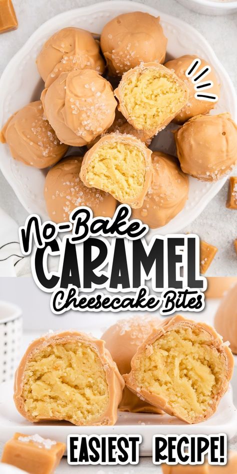 Caramel cheesecake bites have rich, creamy cake and cheesecake centers that are wrapped in a delicious salted caramel crust. These irresistible bite-sized salted caramel cheesecakes are perfect for sharing. Caramel Cheesecake Cookies, Mini Caramel Cheesecake, No Bake Caramel Cheesecake, Caramel Cheesecake Bites, Cake And Cheesecake, Oreo Ball, Butter Pecan Cheesecake, Salted Caramel Candy, Chocolate Cheesecake Bites