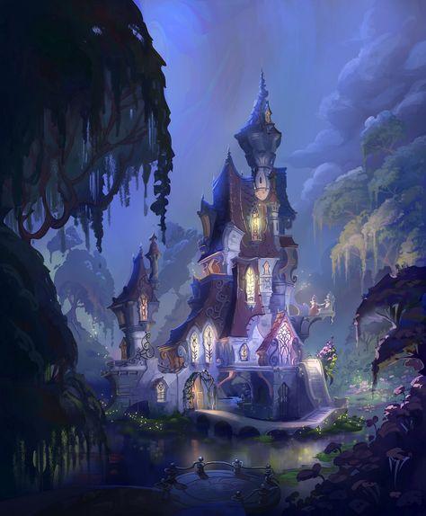 ArtStation - Bayou castle, Emilie V.F Fey Castle, Demon Castle Art, Castle In Forest, Fae Castle Aesthetic, Witchtober 2024, Forest Castle Fantasy Art, Witch's Castle, Witch Castle, Fantasy Reference