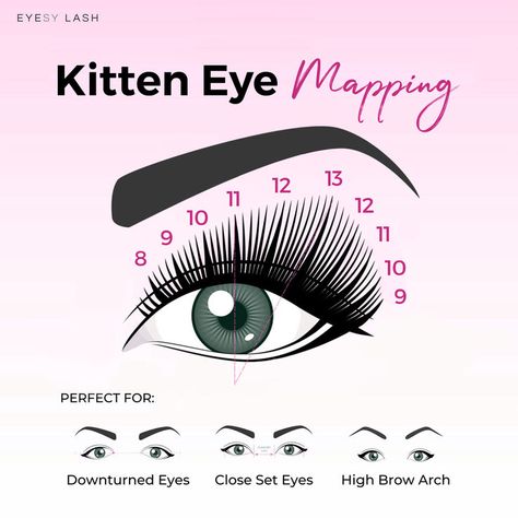 Grab yours now and create the perfect lash map with Eyesy Lash Wispy Fans, ideal for staying on-trend! #lash extensions #wispylashes #hybridlashextensionsstyles #makeup Kitten Eye Mapping, Eye Mapping, Eyelash Studio, Lash Map, Kitten Eyes, Eyelash Technician, Lash Extensions Styles, Eyelash Extensions Styles, Lash Business