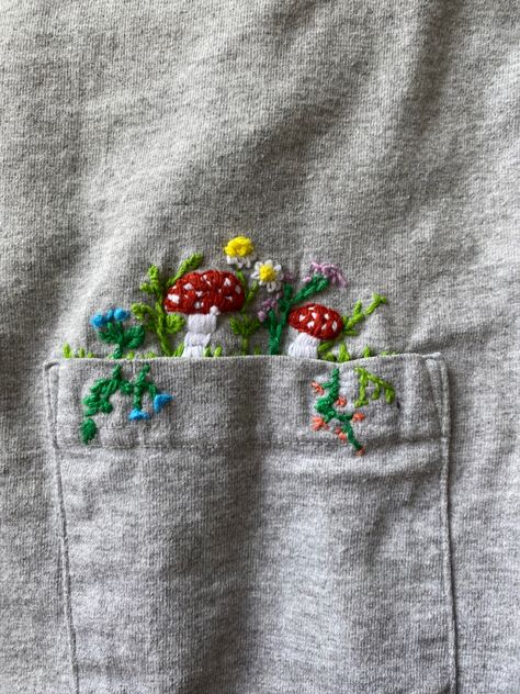 Mushroom Pocket Embroidery, Embroidery Vines And Flowers, Tiny Embroidery Ideas, Flower Vine Embroidery, Embroidery Mushrooms, Embroidery Vines, Vines Embroidery, Embroidered Mushrooms, Embroidered Vines