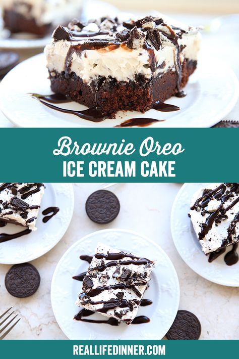 Brownie Oreo Ice Cream Cake ~ https://reallifedinner.com Ice Cream Cake Brownie Base, Ice Cream Cake With Brownie Base, Oreo Cookie Ice Cream Cake Recipe, Brownie Bottom Ice Cream Cake, Ice Cream Cake 9x13 Pan, Brownie Ice Cream Cake Recipe, Cookies N Cream Ice Cream Cake, Brownie Ice Cream Desserts, Ice Cream Birthday Desserts