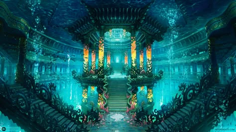 Dragon Palace, Underwater City, Underwater Scene, Fantasy City, Fantasy Places, Fantasy Setting, Fantasy Art Landscapes, Minecraft Designs, Fantasy Concept Art