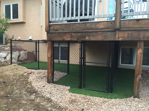 Our dog's "den" under the deck with dog turf. A ramp from the deck leading into the den is being constructed. There will also be a chain link top with optional waterproof canvas lid. Our little Toy Fox Terrier loves it! Deck With Dog Area, Back Porch Dog Area, Dog House Under Porch, Doghouse Under Deck, Under Porch Dog Area, Deck With Dog Ramp, Under Porch Dog Kennel, Dog Run Under Deck, Dog Run Off Deck