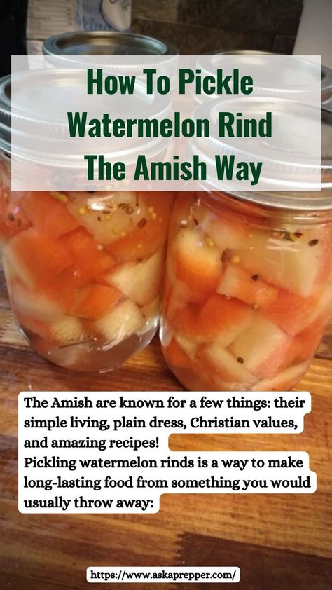 The Amish are known for a few things: their simple living, plain dress, Christian values, and amazing recipes! Pickling watermelon rinds is a way to make long-lasting food from something you would usually throw away: Pickled Watermelon Rind Recipe Canning, Pickling Watermelon Rind, Sweet Pickled Watermelon Rind Recipe, How To Pickle Watermelon Rind, Watermelon Pickles Easy, Pickle Watermelon Rind, Pickled Watermelon Rind Recipe Easy, Watermelon Rinds Recipes, Watermelon Rind Pickles Recipes