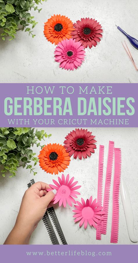 Beautiful Paper Gerbera Daisies – How to Make Cricut Paper Flowers￼ - Better Life Blog Orange Paper Craft, 3d Paper Flowers, Rolled Paper Flowers, Bouquet Tutorial, Gerbera Daisies, Projets Cricut, Paper Flower Decor, Paper Flower Crafts, Paper Flower Template