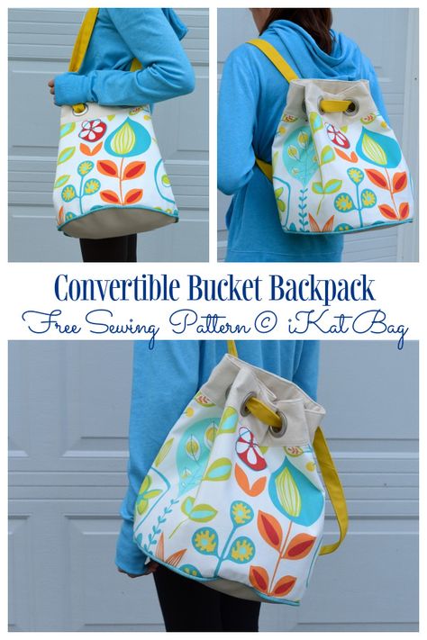 Fabric Convertible Bucket Backpack Free Sewing Pattern Diy Convertible Backpack, Free Bucket Bag Sewing Pattern, Fabric Handbags Patterns Free Sewing, Convertible Bag Pattern, Purses Diy, Diy Backpack Pattern, Fabric Art Diy, Bucket Bag Pattern, Backpack Pattern Sewing