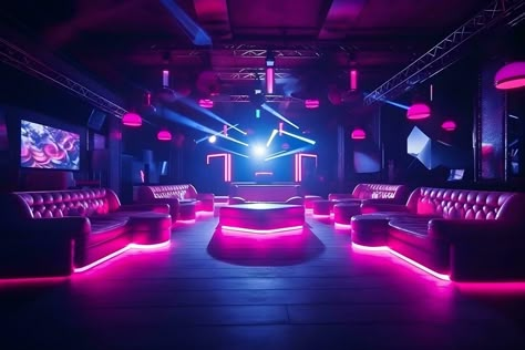 Interior of a night club with neon lights. 3d rendering, colorful interior of bright and beautiful night club with dark seats and glowing lights, AI Generated Night Club Design Interior, Club Architecture Design, Club Interior Nightclub, Modern Night Club Interior Design, Cyberpunk Hotel, Nightclub Vip Lounge, Night Club Design, Nightclub Ideas, Nightclub Tables