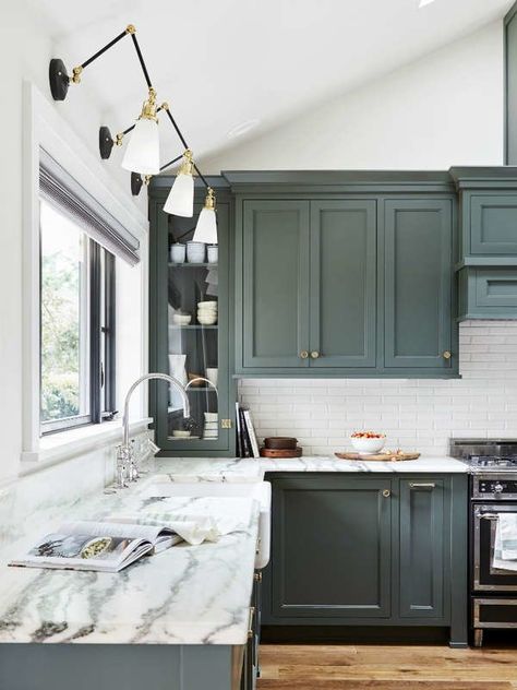 Pewter Green, Painted Kitchen Cabinets Colors, Green Kitchen Cabinets, Fresh Kitchen, Green Cabinets, Kitchen Cabinet Colors, Diy Kitchen Cabinets, Kitchen Redo, Trendy Kitchen