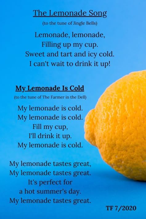 Lemonade Songs - Lemons - Preschool - Summer Fun - Story Time  Simple songs to sing with young children. Summer Songs For Preschool, Summer Songs For Toddlers, Summer Songs Preschool, June Songs For Toddlers, Summer Treats Preschool Activities, Preschool Picnic Food, Summer Circle Time For Preschool, Lemon Theme Preschool Activities, Picnic Songs