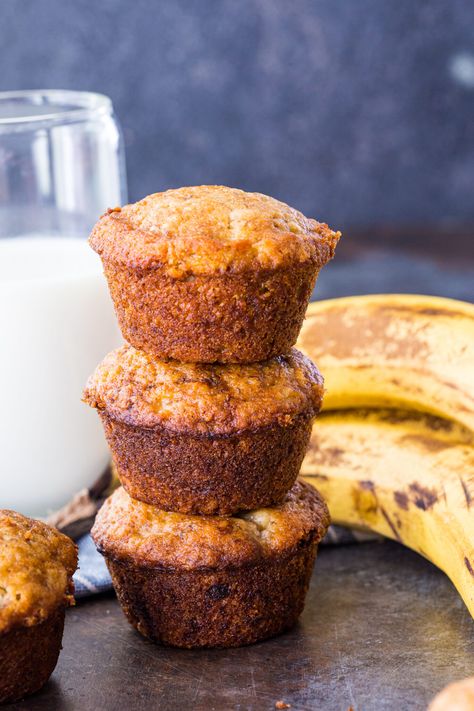 A stack of banana bread muffins. Homemade Banana Bread Muffins, Banana Bread Muffins Easy, Banana Muffins Easy, Meal Planning App, Homemade Banana Bread, Banana Bread Muffins, Banana Muffins, Eating Plans, Ripe Banana