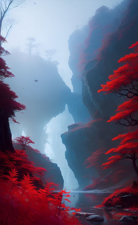 Red Art Painting, Sci Fi Landscape, Red Forest, Concept Art Tutorial, Japanese Art Prints, Landscape Art Painting, Fantasy Places, Digital Painting Tutorials, Cool Wallpapers Art