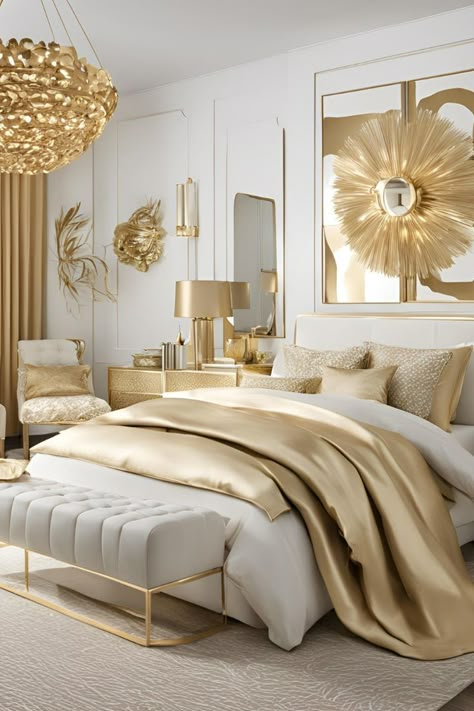 Modern Bedroom Gold Accents, White Gold Grey Bedroom, White And Gold Bedroom Elegant, Bedroom Ideas Gold, Gold And White Bedroom, Classic Bedroom Ideas, White And Gold Bedroom, Golden Bedroom, White Gold Bedroom