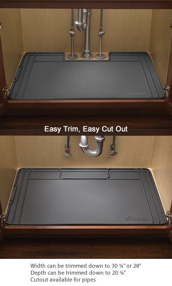 WeatherTech SinkMat - Under the Sink Cabinet Protection - 34 1/4" wide by 22 1/2" deep, Fits a standard 36" wide cabinet, 1/8" thick with 1/2" high raised edge - Under Sink Mats - Get Decluttered Now! - Trimmable: Width can be trimmed down to 30 ¾" or 28",  Depth can be trimmed down to 20 ¾", Cutout available for pipes Under Sink Mat Diy, Cabinet Protectors, Under The Sink Cabinet, Cabinet Liners, Under Sink Mat, Hide Pipes, Cabinet Door Ideas, Wide Cabinet, Under Kitchen Sink