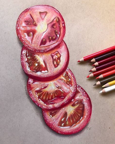 Realistic Colored Pencil Drawings Food, Food Drawing Sketches Pencil, Realistic Food Drawings, Realistic Colour Pencil Drawings, Realistic Colored Pencil Drawings, Pencil Colour Painting, Realistic Flower Drawing, Colored Pencil Artwork Ideas, Prismacolor Drawing