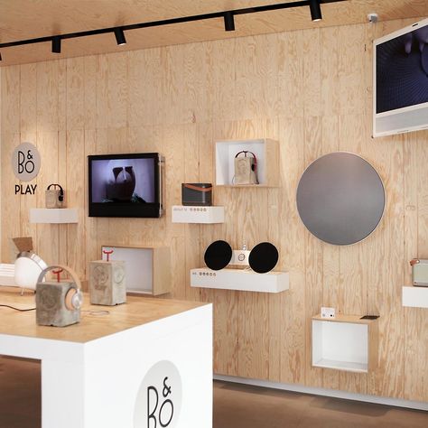 Product display section designed for the B&O Play store Retail Design Concept, Office Idea, Plywood Walls, Eating Before Bed, Retail Concepts, Bang Olufsen, Play Shop, Diy Simple, Bang And Olufsen