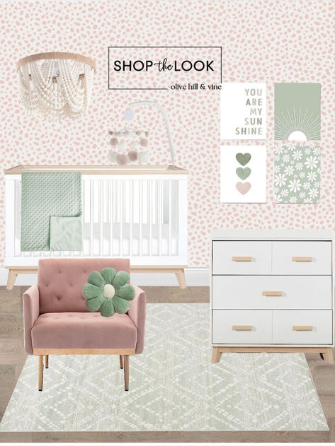 Transform your girl's nursery with our blush and sage theme. Get your essential pieces like this 3-drawer dresser and convertible crib but don’t miss out on these personal touches like this pink armchair, sage flower art, minky throw, & beaded chandelier. Shop now to create a stunning nursery for your little one!  Follow my shop @OliveHillandVine on the @shop.LTK app to shop this post! Sage And Blush Nursery, Sage And Pink Nursery, Green Floral Nursery, Stunning Nursery, Pink And Green Nursery, Nursery Window Treatments, Sage Blush, Blush Nursery, Pink Armchair