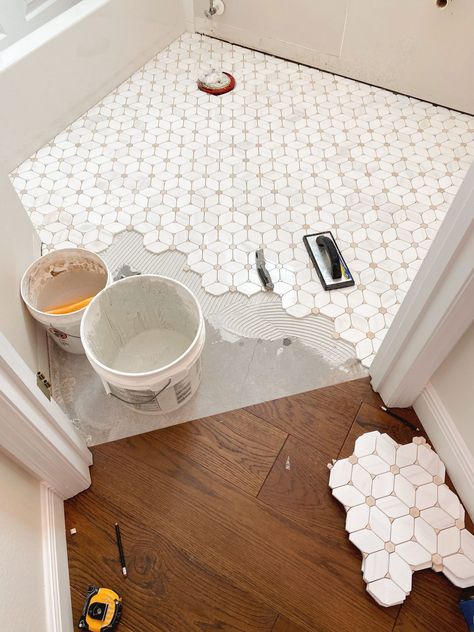 Updated Hall Bathroom, Small Bath Tile Floor, Tiled Bathroom Renovation, Tan Hexagon Tile Bathroom, Cute Bathroom Tile Floors, Decorative Floor Tile Laundry Room, Tile On Tile Bathroom, Pink Accent Tile Bathroom, Guest Bath Floor Tile