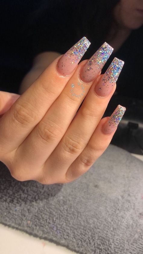 Coffin Glitter Nails Designs, Full Glitter Acrylic Nails, Loose Glitter Nails, Glitter Nail Ideas, Nails 2018, Super Nails, Sparkly Nails, Coffin Nails Designs, Birthday Nails