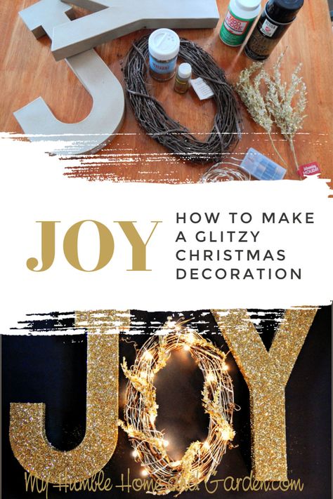 You’ve seen a lot of rustic decorations for JOY but have you seen how to make a glitzy JOY Christmas decoration? Click through for this easy DIY Christmas decoration!  #JOY #JoyChristmasDecor #Christmas #Christmasdecor #Christmasdecorations #Craft #EasyCraft #holidaydecor #holiday #wreath Easy Paper Mache, Glitter Ornaments Diy, Paper Mache Letters, Rustic Decorations, Gold Decorations, Humble Home, Christmas Picks, Christmas Decorations For Kids, Gifts Drawing