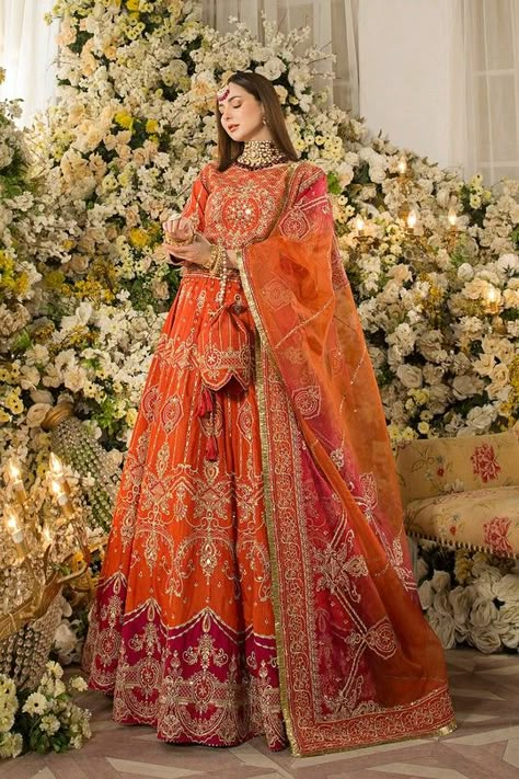 Red Bridal Lehenga Pakistani, Urdu Poetry Ghazal, Bridal Themes, Orange Lehenga, Raw Silk Lehenga, Hania Amir, Urdu Novel, Lehenga Designs Simple, Asian Bridal Dresses