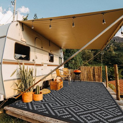 GENIMO Outdoor Rug for Patio Clearance,9'x18' Waterproof Mat,Reversible Plastic Camping Rugs,Rv,Porch,Deck,Camper,Balcony,Backyard,Black & Gray Rv Porch, Large Outdoor Rugs, Outside Carpet, Straw Rug, Camping Rug, Porch Deck, Camping Mat, Outdoor Living Patio, Backyard Deck