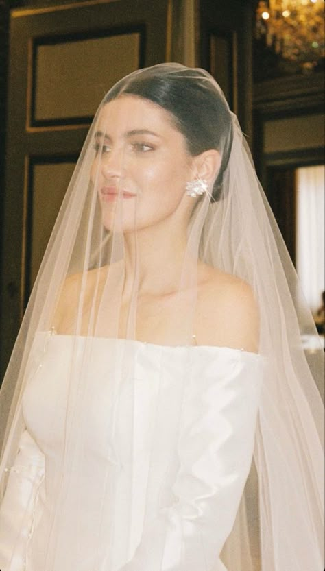 Traditional Wedding Dress With Veil, Veil Front Of Face, Very Big Wedding Dresses, Classic Wedding Veil, Wedding Veil Over Face, Veil With Hair Down, Bride Hairstyles With Veil, Sleek Wedding Dress, Couples Picture