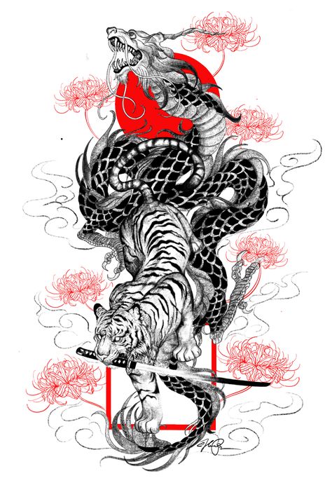 Phoenix And Tiger Tattoo, Tiger Dragon Yin Yang Tattoo, Japanese Tiger Dragon Tattoo, Tiger Dragon Tattoo Japanese Style, Dragon And Tiger Tattoo Design, Japanese Dragon And Tiger Tattoo, Back Tattoos Tiger, Tiger And Dragon Tattoo Japanese Style, Full Back Tiger Tattoo