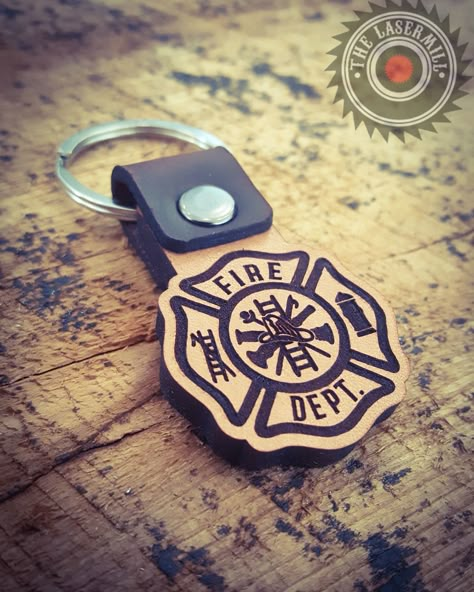 Fire Dept. Leather Keychain 14oz - Veg Tan, laser engraved. Engraved Leather Keychain, Easy Laser Engraving Projects, Glowforge Leather Projects, Laser Engraving Leather Ideas, Laser Leather Ideas, Leather Engraving Ideas, Glowforge Keychains, Laser Engraving Ideas Projects, Laser Engraving Ideas