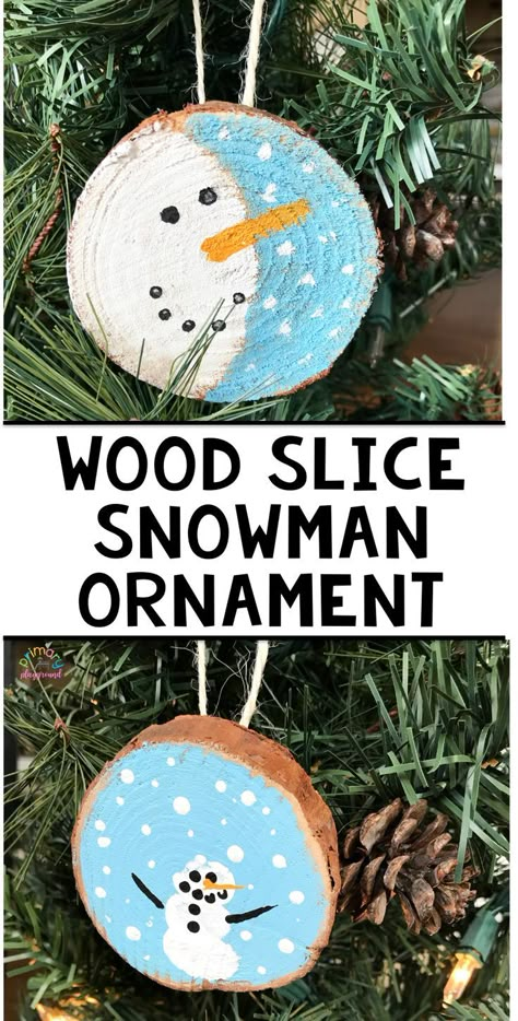 Wood Slice Snowman Ornament #handmadeornament #kidornament #parentgift #kindergarten #preschool #firstgrade #woodslice #snowmanornament Wood Slice Snowman, Primary Playground, Ornament Snowman, Wall Christmas Tree, Christmas Gifts For Parents, Christmas Kindergarten, Christmas School, Snowman Ornament, Preschool Christmas