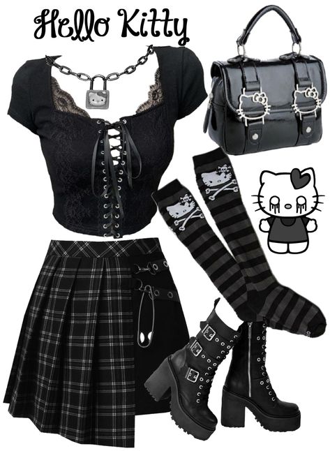 Emo Fashion 2023, Hello Kitty Emo Outfits, Summer Emo Outfits 2000s, Hello Kitty Goth Outfit, Emo Core Aesthetic, Hello Kitty Outfit Ideas, Summer Emo Outfits, 2000s Emo Outfits, Gothic Hello Kitty