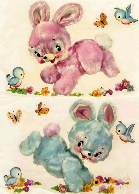 Kitschy Meyercord Bunnies 1950’s with Bluebirds.  This pink rabbit was the decal on my crib. Meyercord Decals, Vintage Bunnies, Baby Beds, Crib Decoration, Furniture Decals, 1970s Childhood, Childhood Memories 70s, Waterslide Decals, Retro Baby