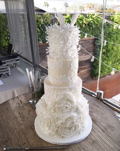 Rosette and Lace Applique Wedding Cake Grace and Honey Cakes Orange County California Wedding Cakes Orange, Cheap Wedding Cakes, Honey Cakes, Orange Wedding Cake, Luxury Wedding Cake, Honey Cake, Birthday Desserts, Gorgeous Wedding Cake, Applique Wedding