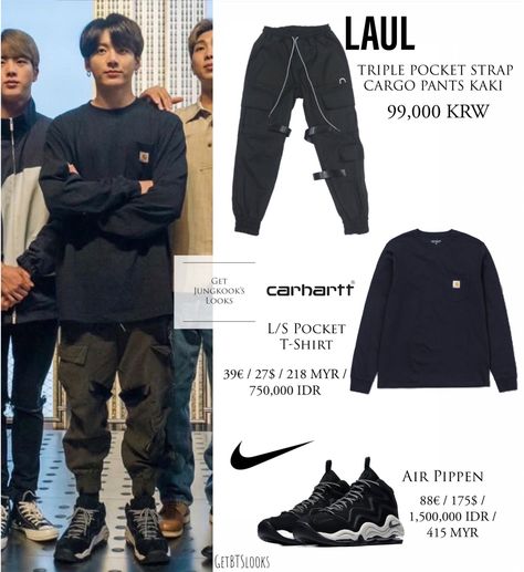 GetBTSlooks on Twitter: "#Jungkook || Empire State Building || Wearing Carhartt long sleeve t-shirt and his famous Laul pants with Nike Air Pippen || #BTS #BOYWITHLUV… https://t.co/lMwANndCRP" Jungkook Carhartt, Bts Outfits, Carhartt Long Sleeve, Bts Clothing, Kpop Concert Outfit, Bts Inspired Outfits, Outfit Korean, Cargo Pants Outfit, Fashion Sketches Dresses